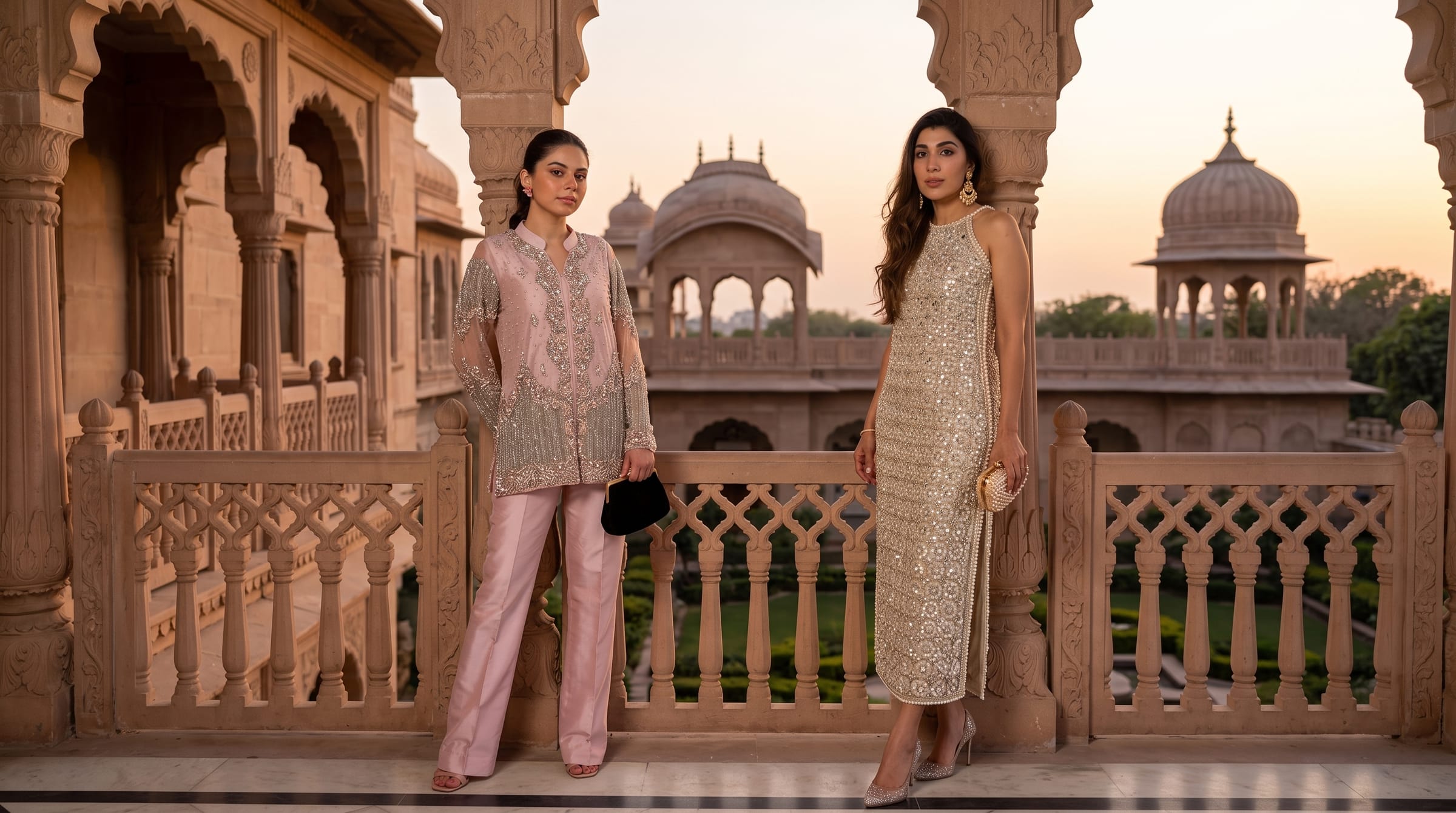 Two models on a palace balcony at sunset, in Blush Hour and Moonlight Pearl