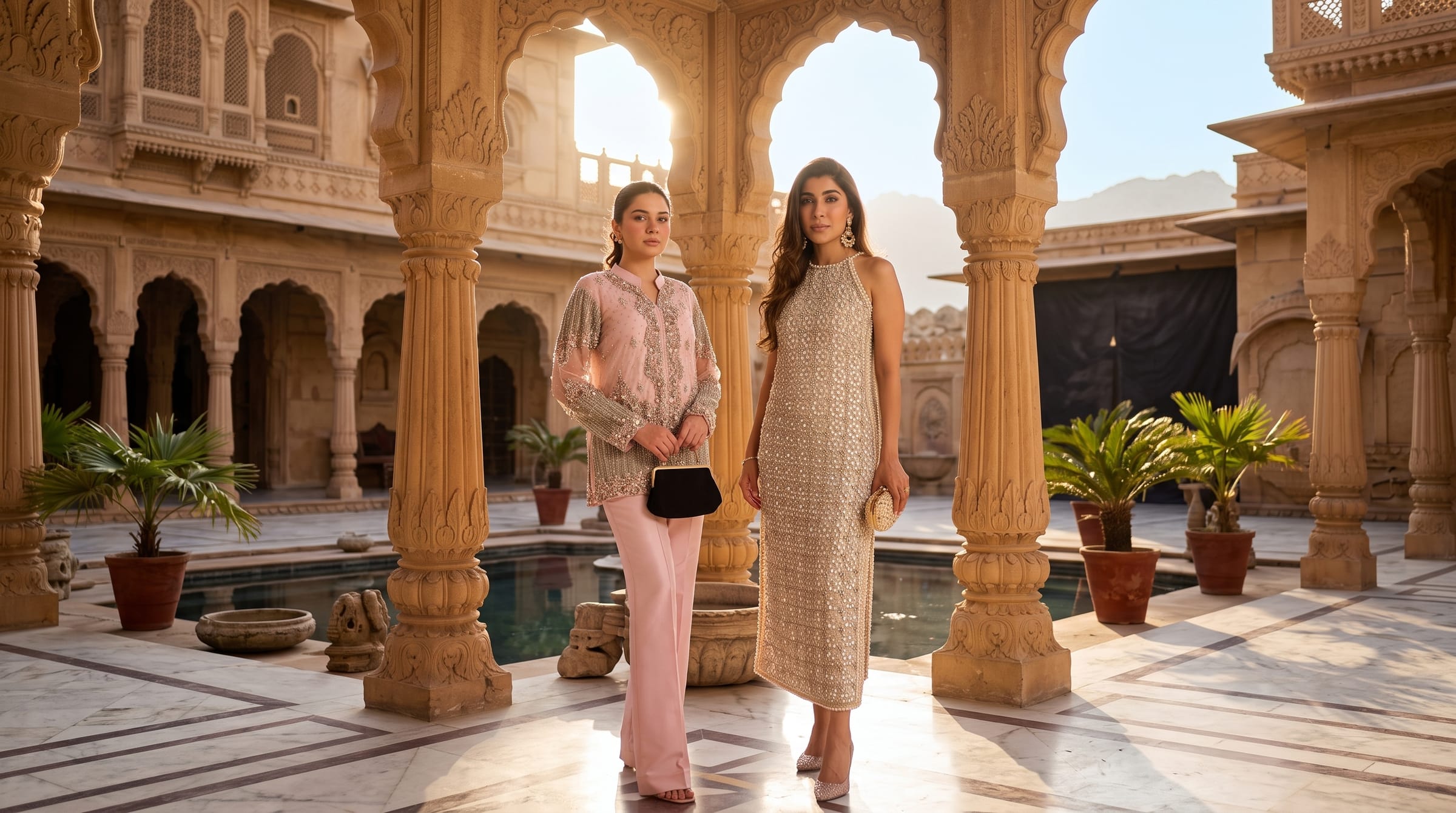 Two models in a sandstone courtyard, wearing hand-embellished HAJAR formals